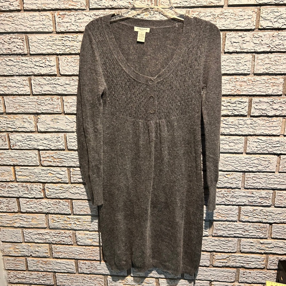 Vertigo Paris Gray Wool Angora Knit Empire Waist Mini Sweater Dress Womens Small